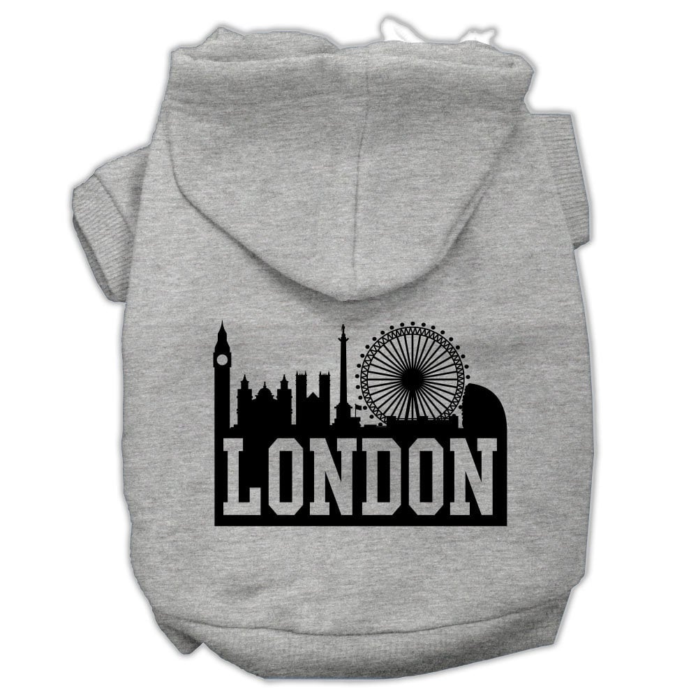 A cozy pet hoodie featuring a stylish London Skyline print, designed for dogs and cats, showcasing its soft fabric and convenient leash access hole.