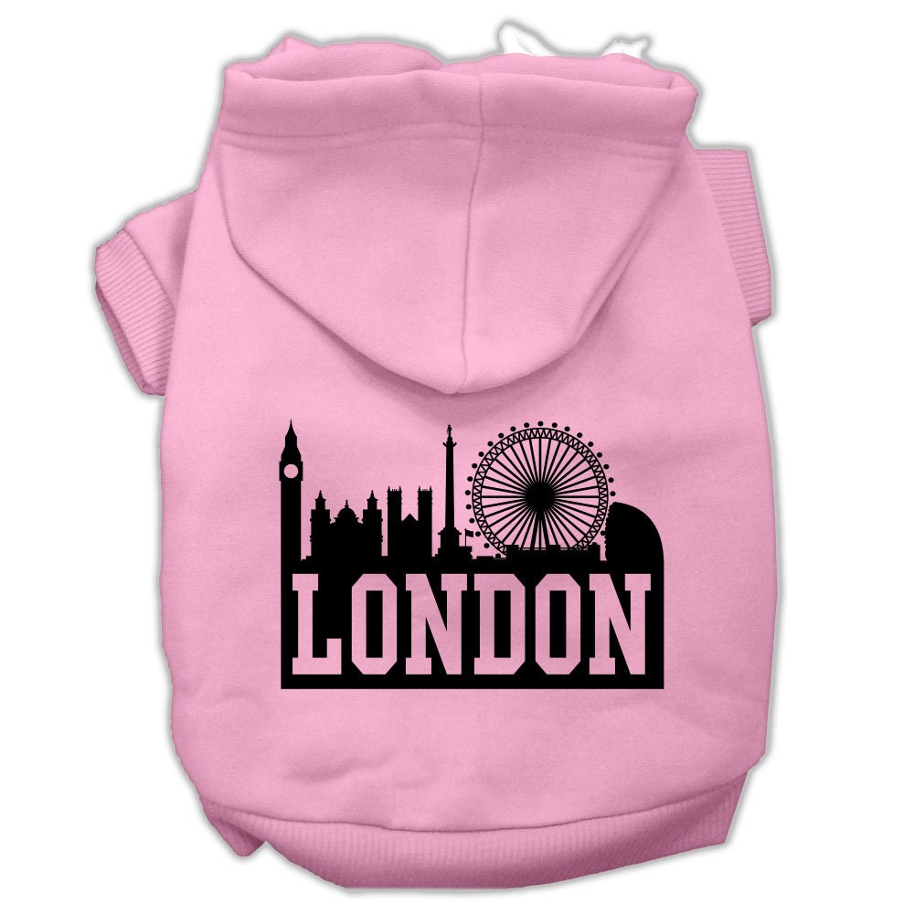 A cozy pet hoodie featuring a stylish London Skyline print, designed for dogs and cats, showcasing its soft fabric and convenient leash access hole.