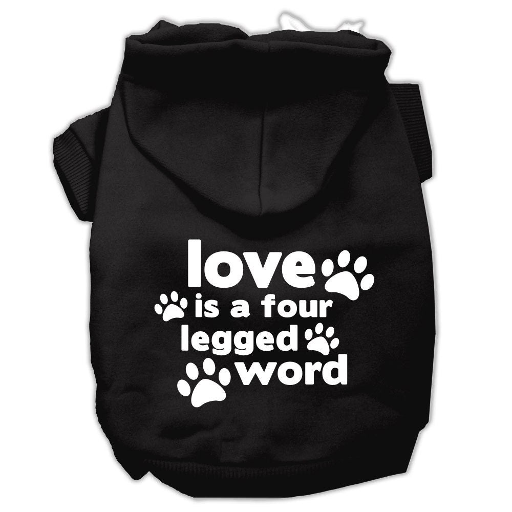 A cozy pet hoodie for dogs and cats, featuring the phrase 'Love Is A Four Legged Word' in a stylish screen print.
