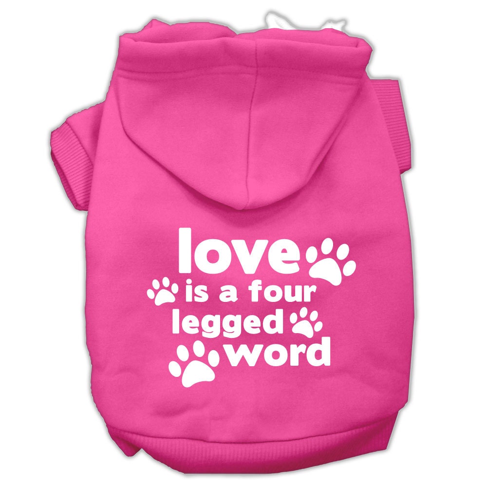 A cozy pet hoodie for dogs and cats, featuring the phrase 'Love Is A Four Legged Word' in a stylish screen print.