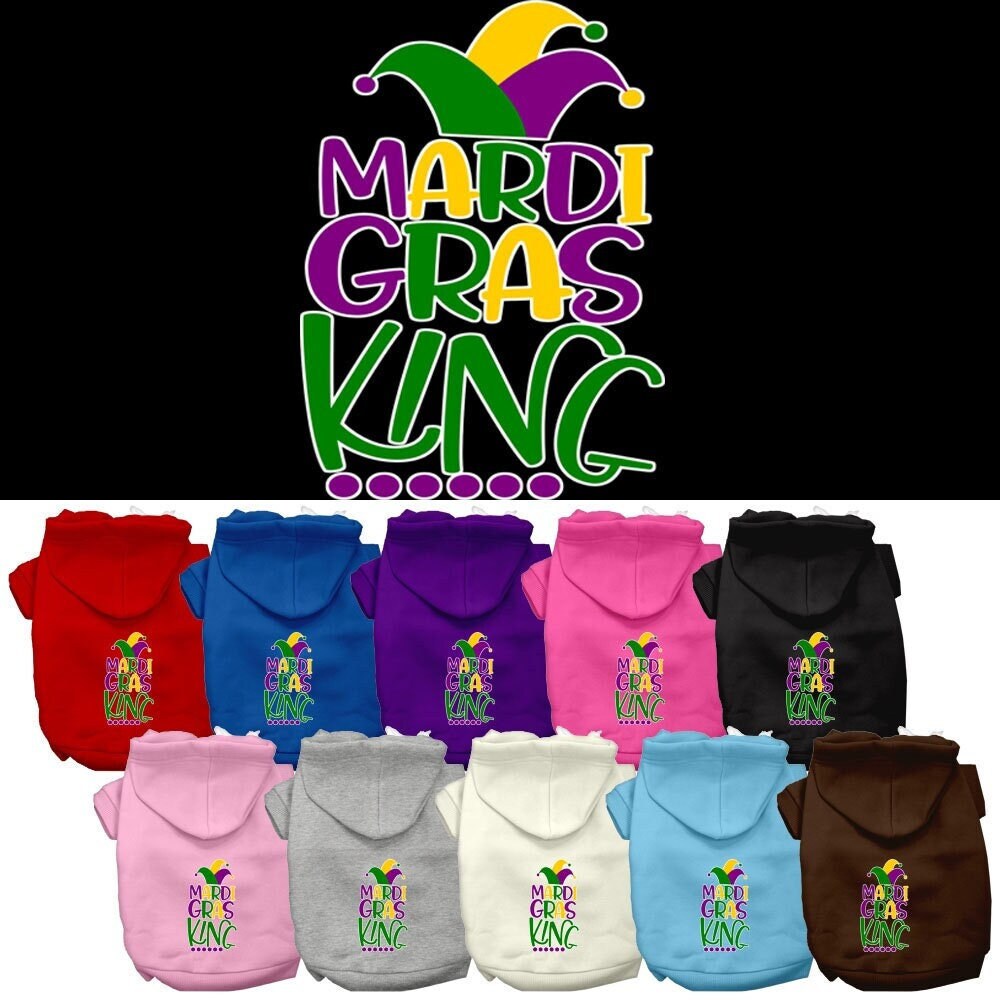 A vibrant pet hoodie featuring a Mardi Gras King design, suitable for dogs and cats, showcasing festive colors and a comfortable fit.