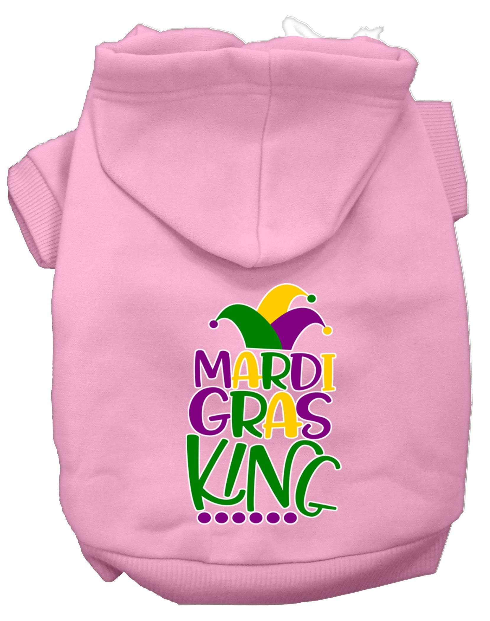 A vibrant pet hoodie featuring a Mardi Gras King design, suitable for dogs and cats, showcasing festive colors and a comfortable fit.