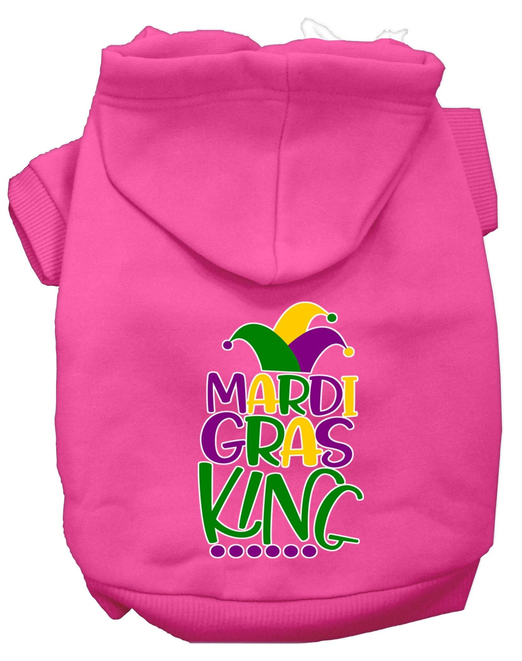 A vibrant pet hoodie featuring a Mardi Gras King design, suitable for dogs and cats, showcasing festive colors and a comfortable fit.