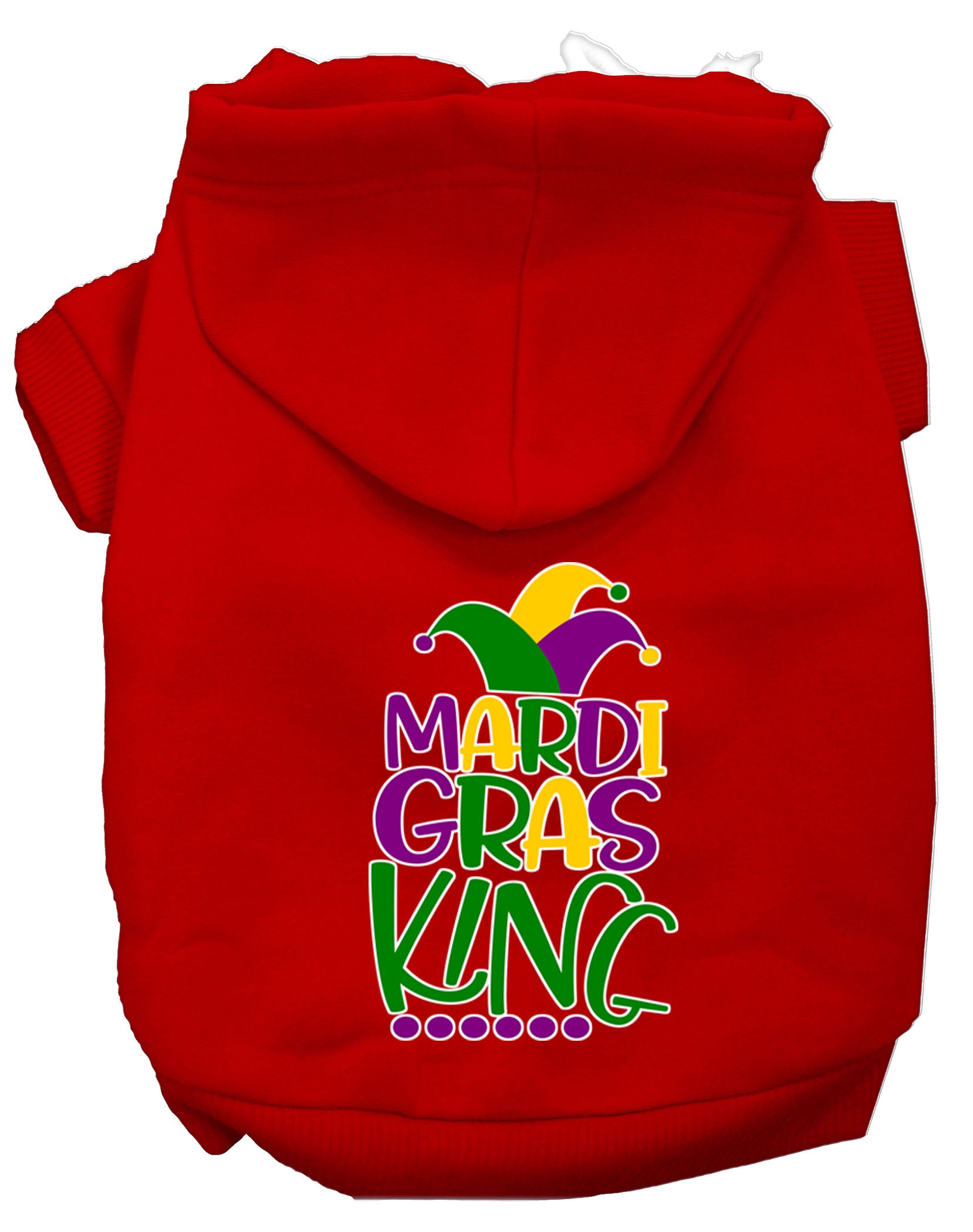 A vibrant pet hoodie featuring a Mardi Gras King design, suitable for dogs and cats, showcasing festive colors and a comfortable fit.