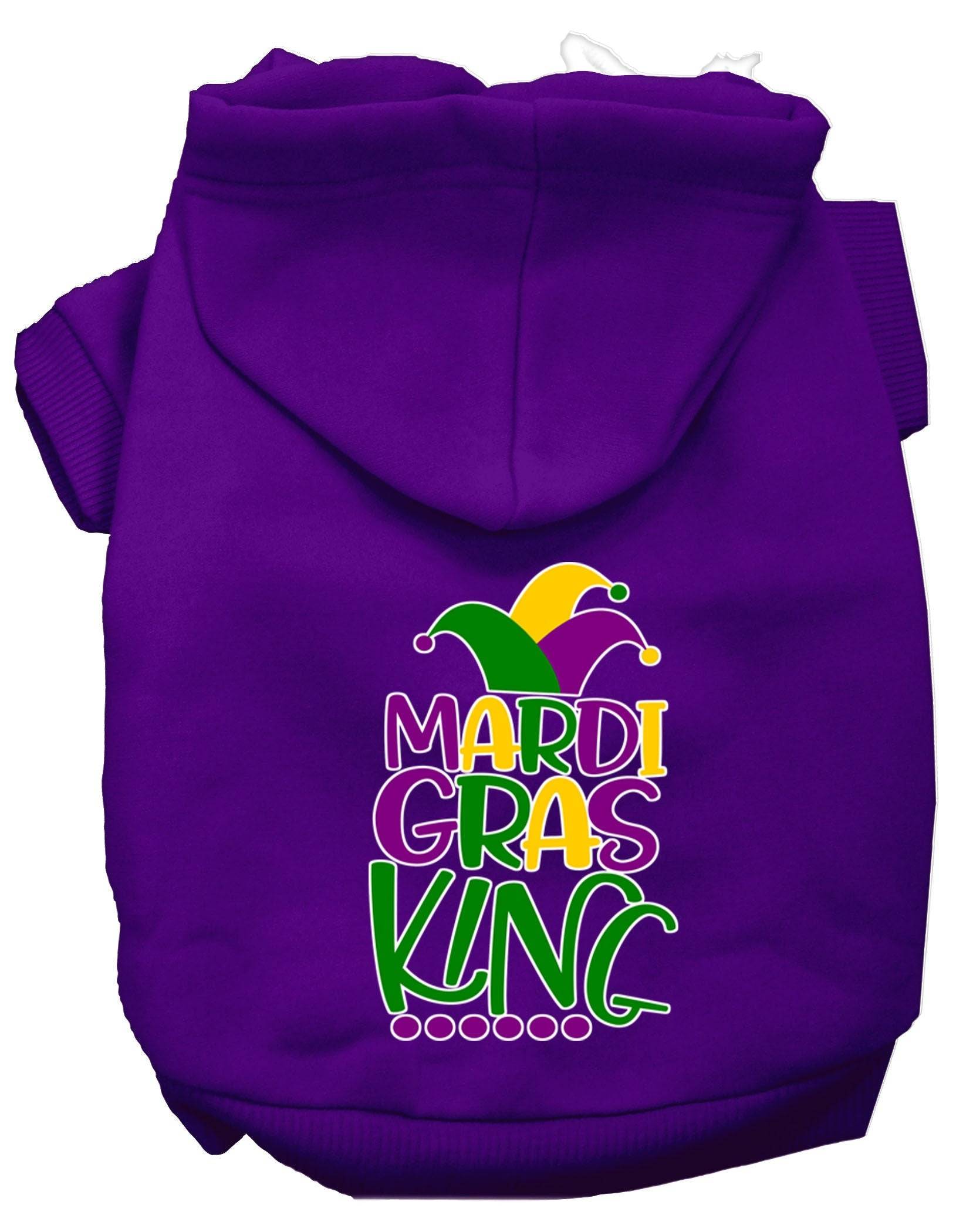 A vibrant pet hoodie featuring a Mardi Gras King design, suitable for dogs and cats, showcasing festive colors and a comfortable fit.
