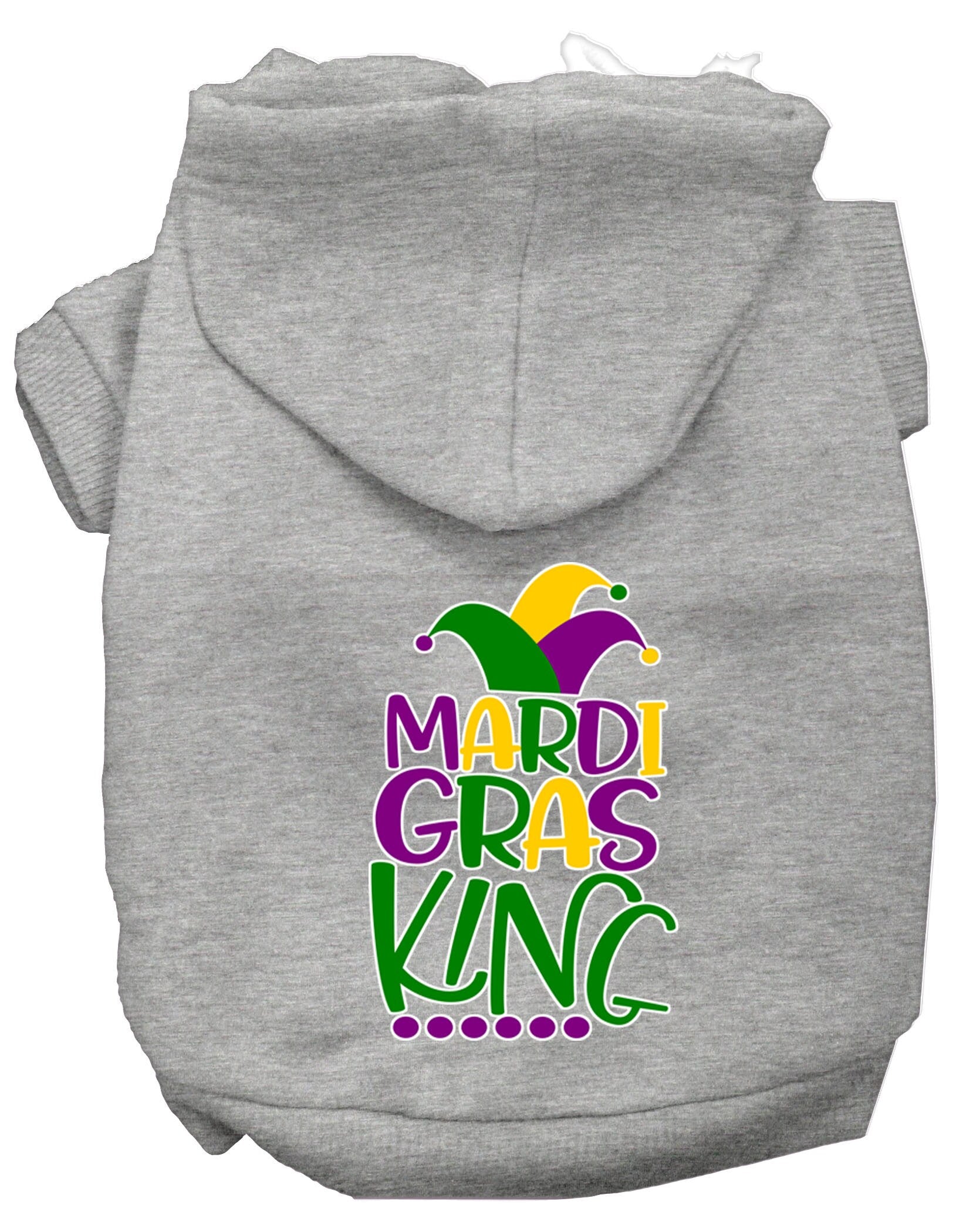 A vibrant pet hoodie featuring a Mardi Gras King design, suitable for dogs and cats, showcasing festive colors and a comfortable fit.