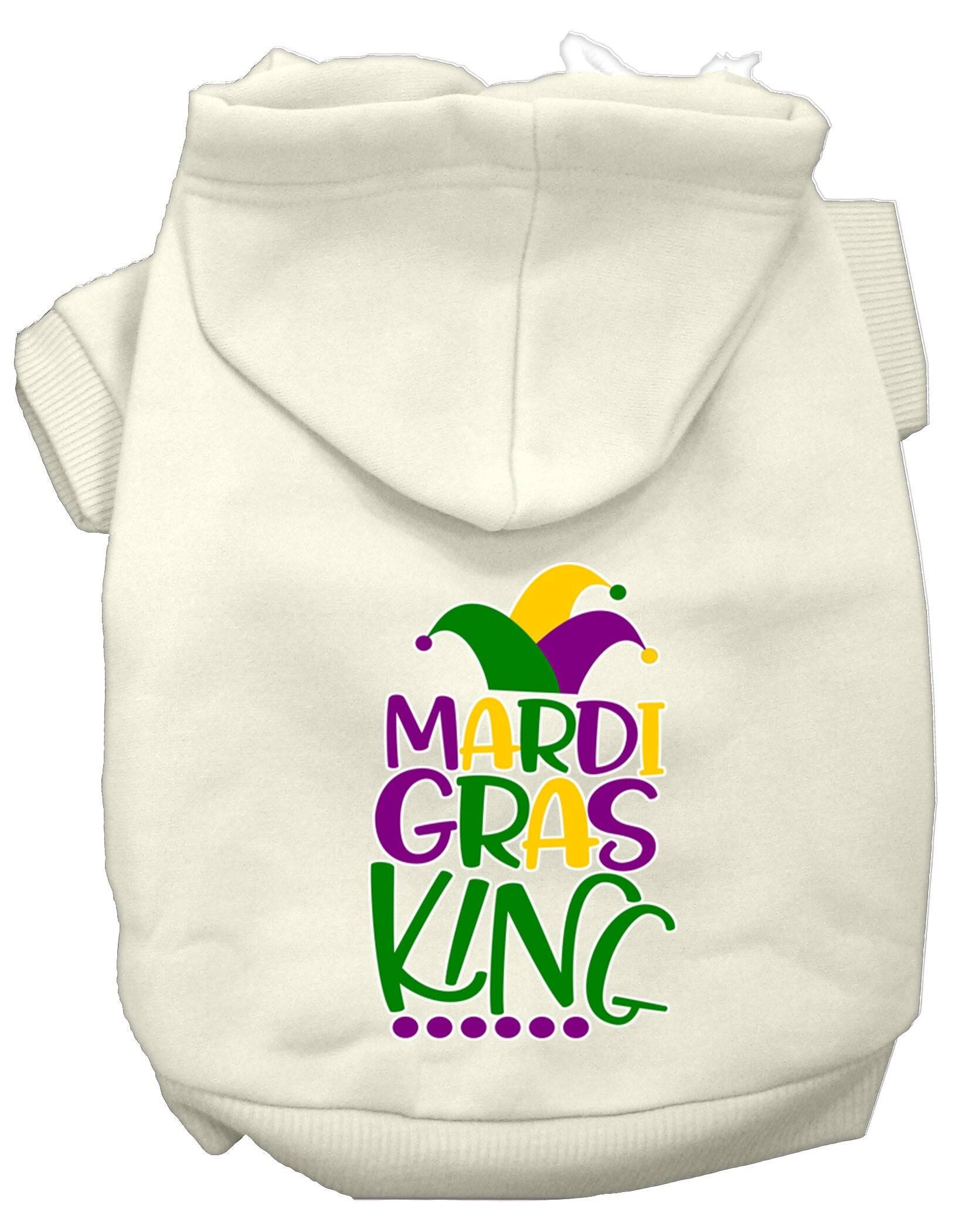 A vibrant pet hoodie featuring a Mardi Gras King design, suitable for dogs and cats, showcasing festive colors and a comfortable fit.