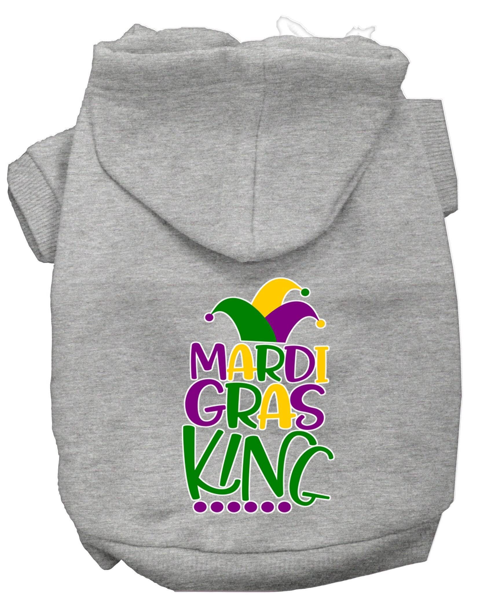 A vibrant pet hoodie featuring a Mardi Gras King design, suitable for dogs and cats, showcasing festive colors and a comfortable fit.