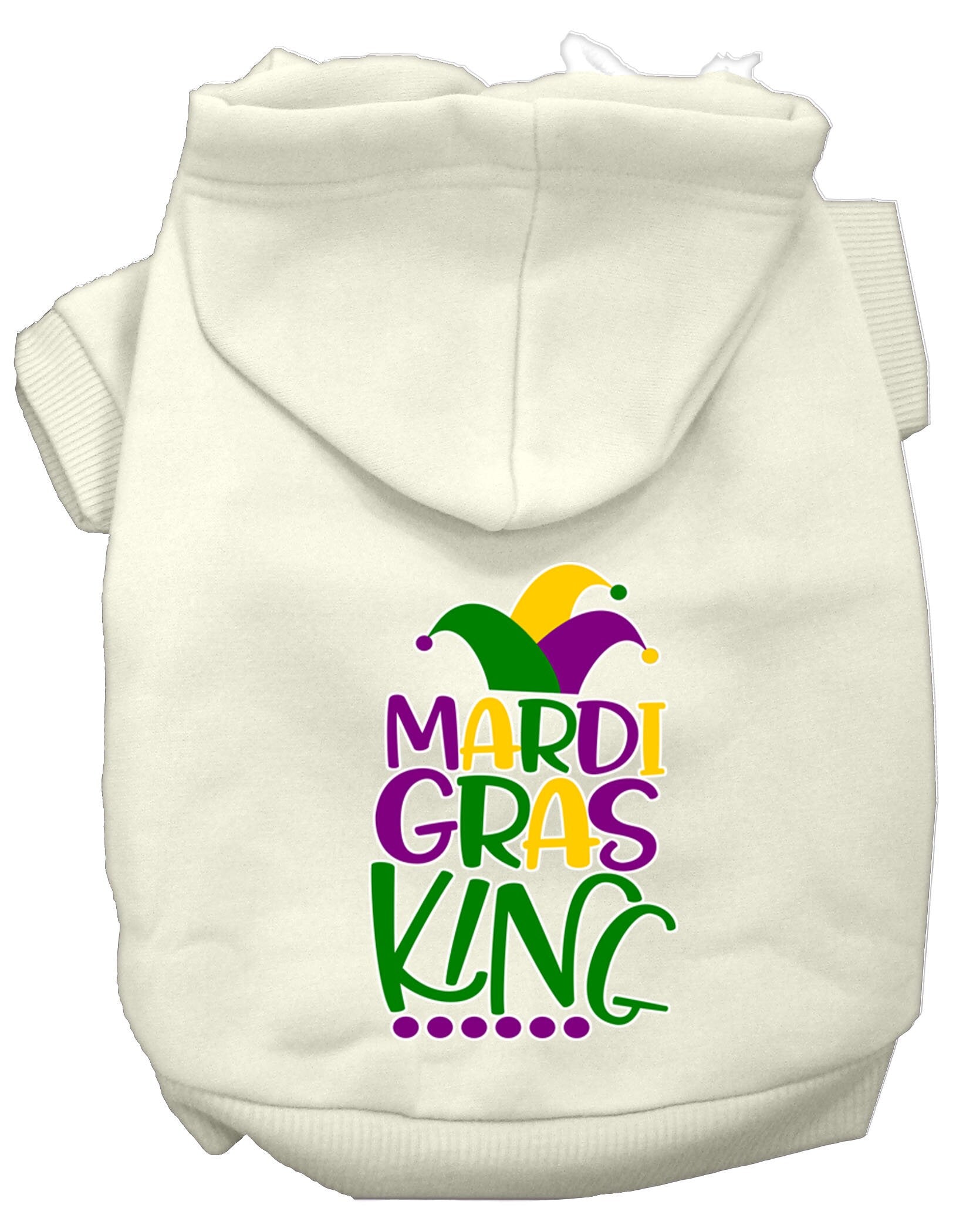 A vibrant pet hoodie featuring a Mardi Gras King design, suitable for dogs and cats, showcasing festive colors and a comfortable fit.