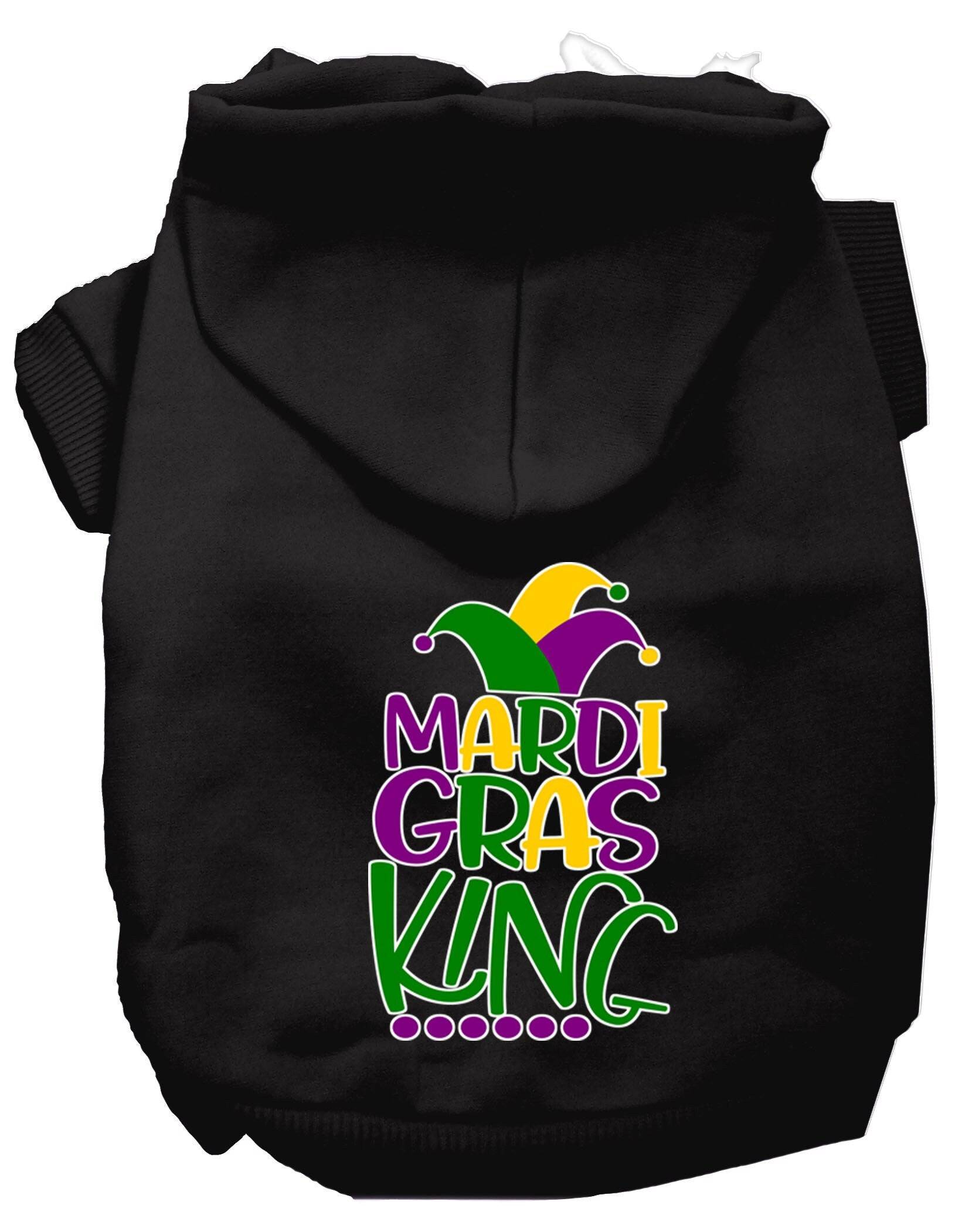 A vibrant pet hoodie featuring a Mardi Gras King design, suitable for dogs and cats, showcasing festive colors and a comfortable fit.