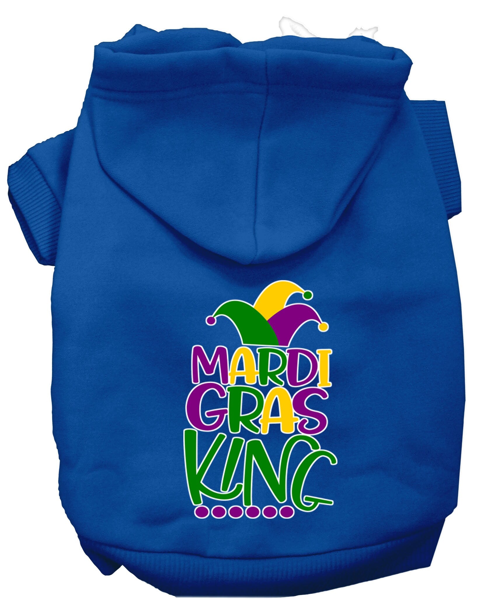 A vibrant pet hoodie featuring a Mardi Gras King design, suitable for dogs and cats, showcasing festive colors and a comfortable fit.