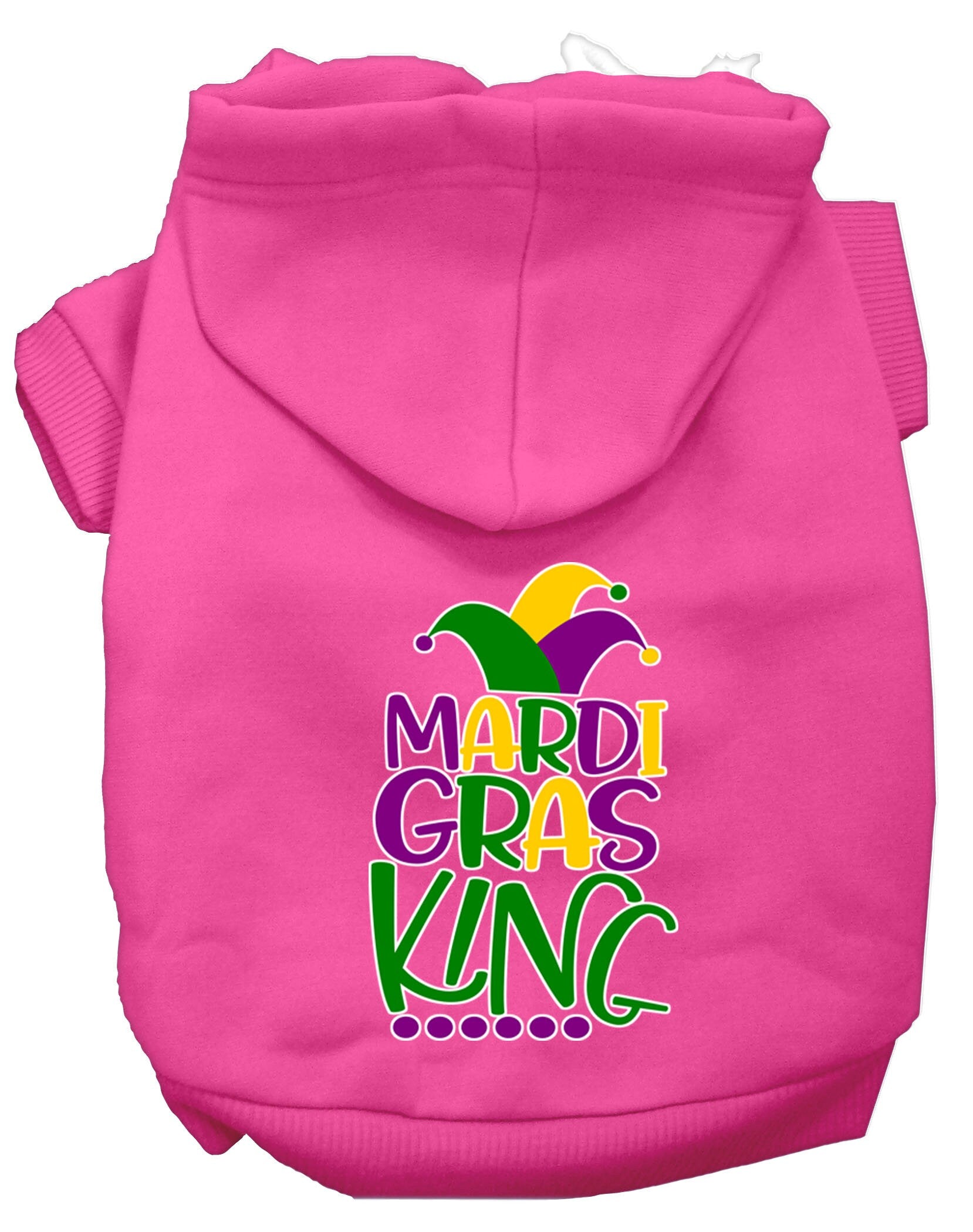 A vibrant pet hoodie featuring a Mardi Gras King design, suitable for dogs and cats, showcasing festive colors and a comfortable fit.