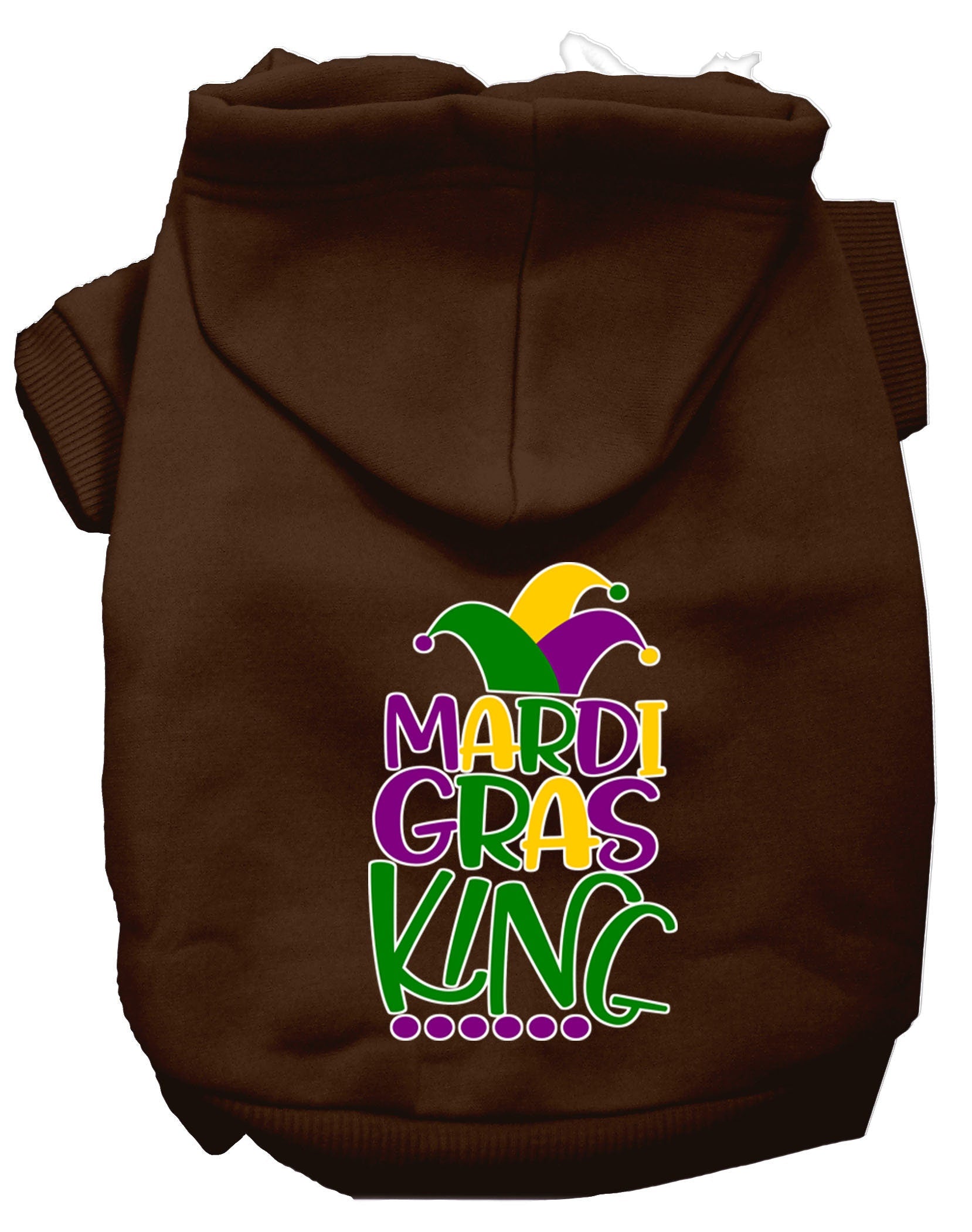 A vibrant pet hoodie featuring a Mardi Gras King design, suitable for dogs and cats, showcasing festive colors and a comfortable fit.