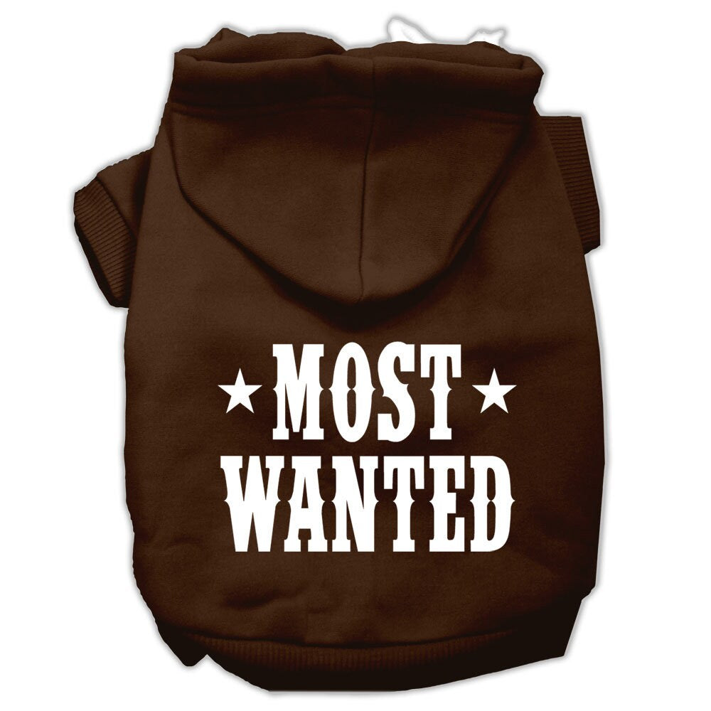 A stylish pet hoodie for dogs and cats, screen printed with 'Most Wanted', showcasing its soft fabric and durable design.