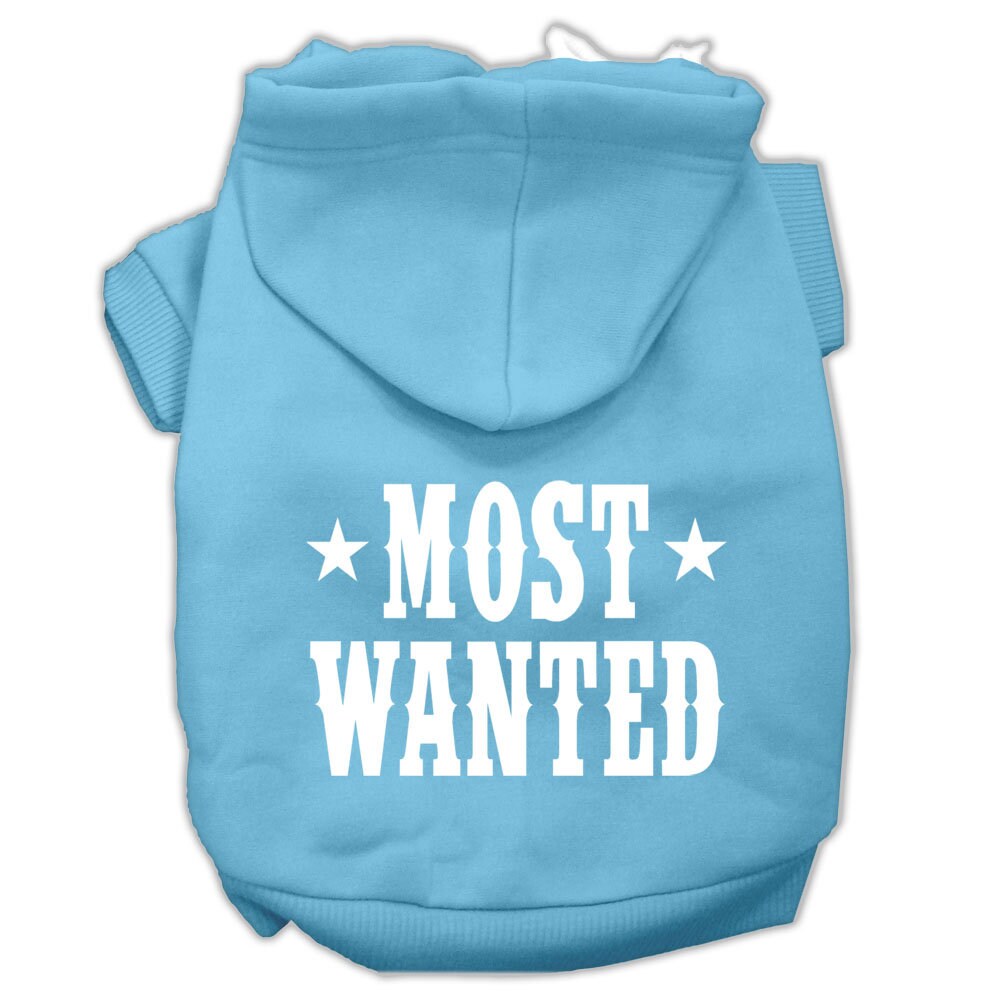 A stylish pet hoodie for dogs and cats, screen printed with 'Most Wanted', showcasing its soft fabric and durable design.