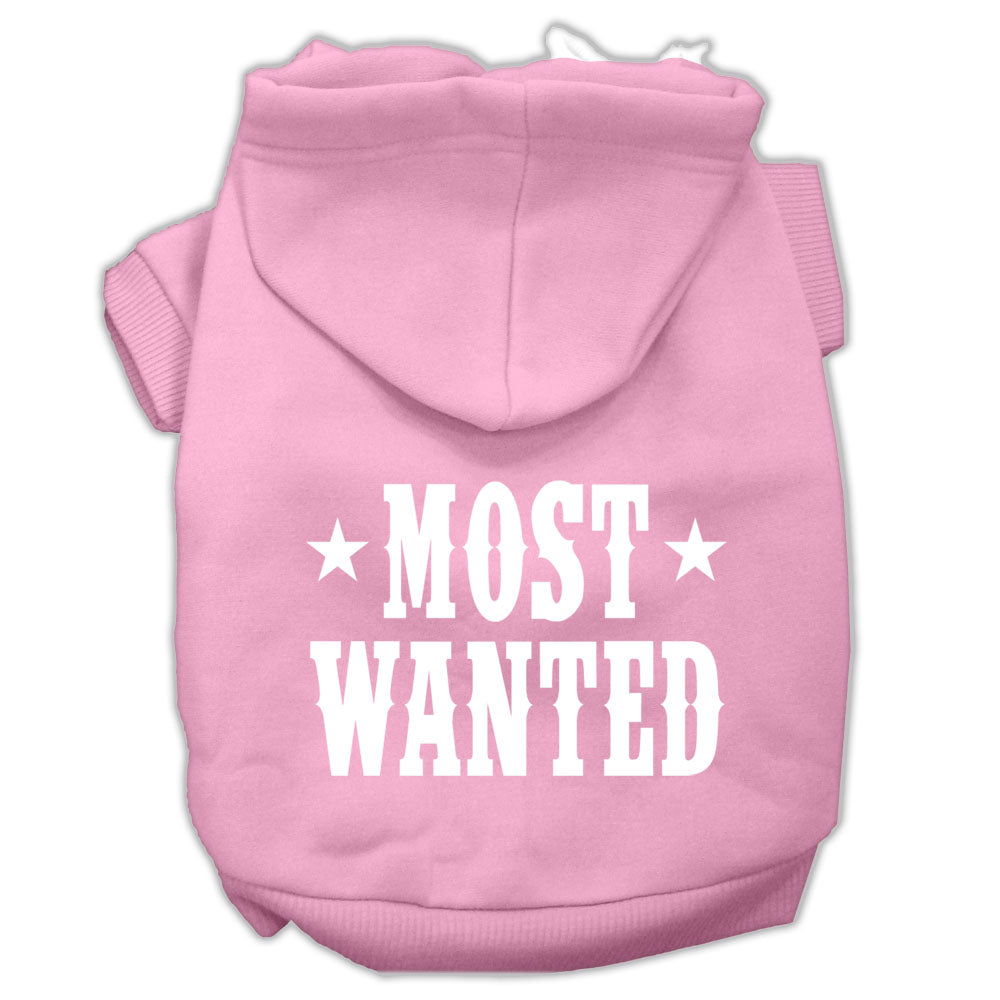 A stylish pet hoodie for dogs and cats, screen printed with 'Most Wanted', showcasing its soft fabric and durable design.