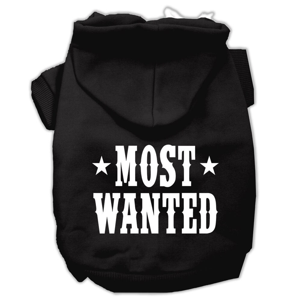 A stylish pet hoodie for dogs and cats, screen printed with 'Most Wanted', showcasing its soft fabric and durable design.