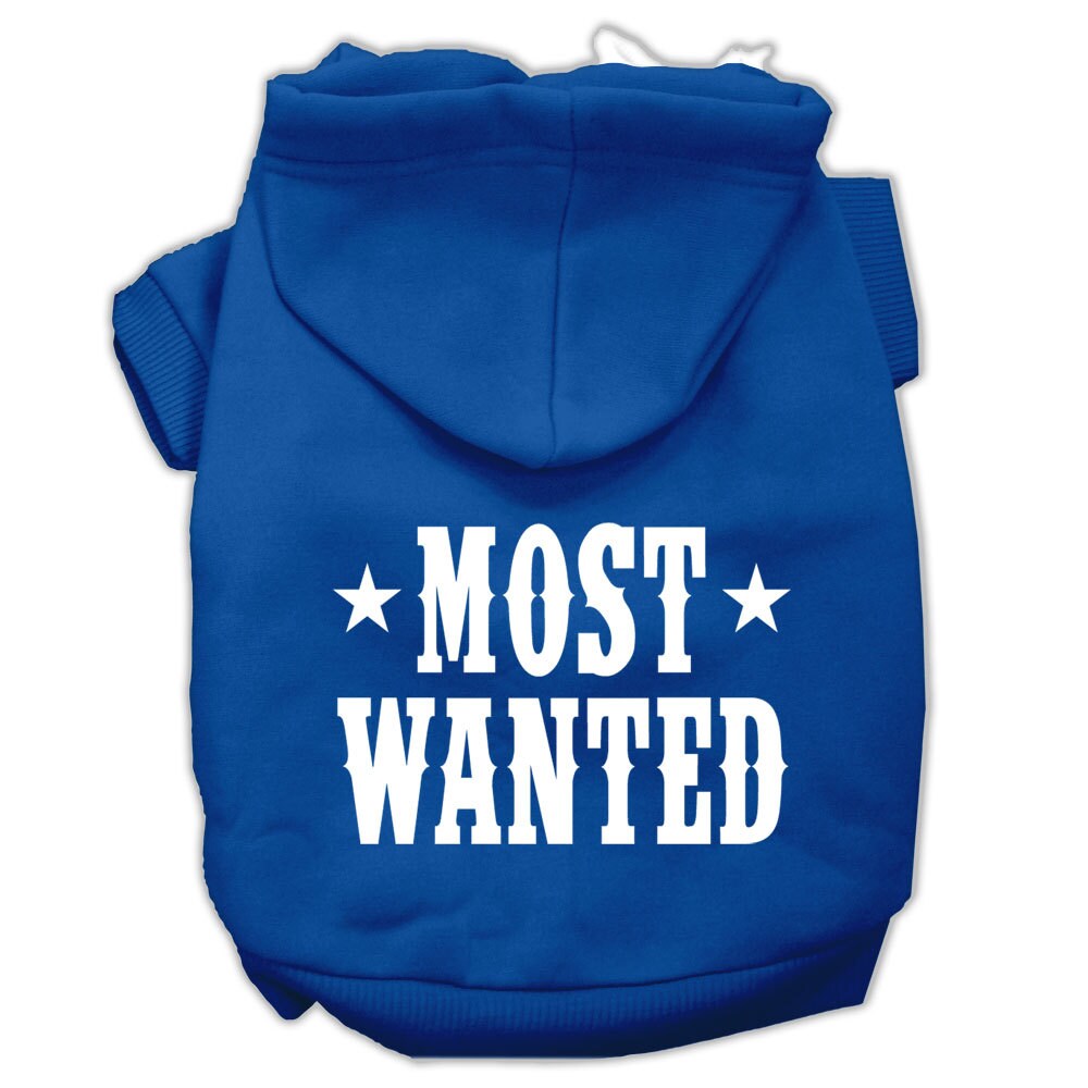 A stylish pet hoodie for dogs and cats, screen printed with 'Most Wanted', showcasing its soft fabric and durable design.