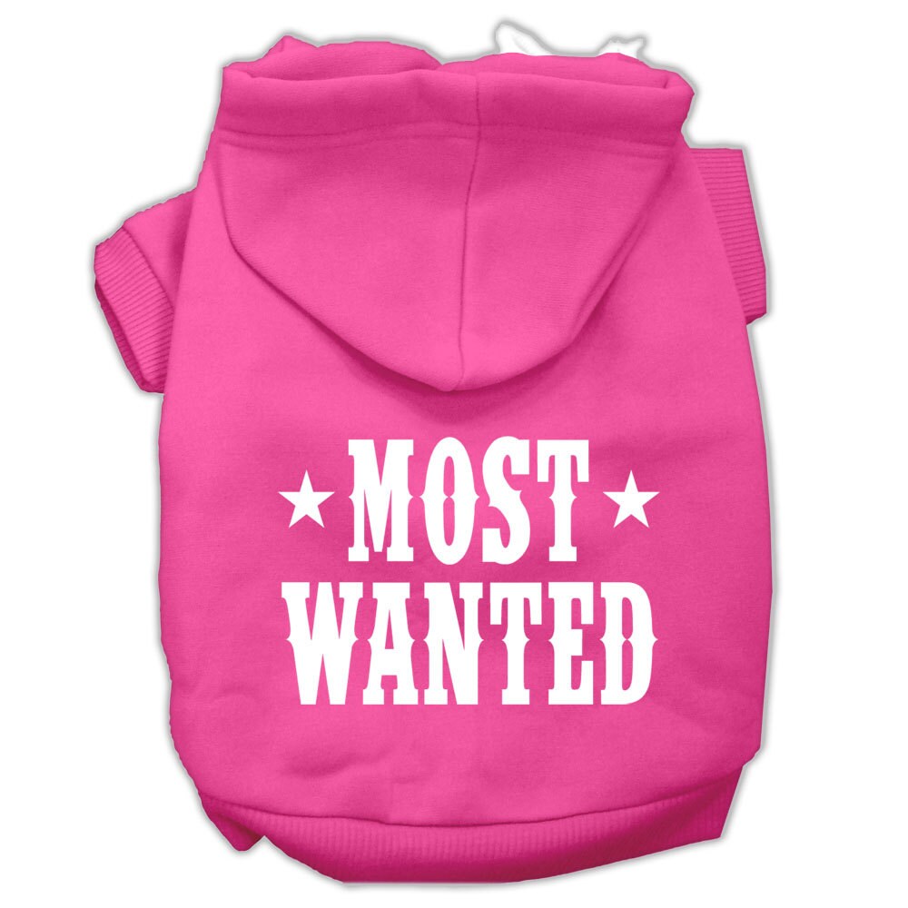 A stylish pet hoodie for dogs and cats, screen printed with 'Most Wanted', showcasing its soft fabric and durable design.