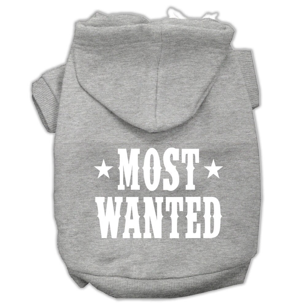 A stylish pet hoodie for dogs and cats, screen printed with 'Most Wanted', showcasing its soft fabric and durable design.
