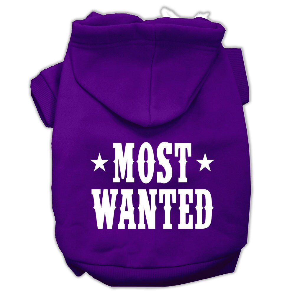 A stylish pet hoodie for dogs and cats, screen printed with 'Most Wanted', showcasing its soft fabric and durable design.