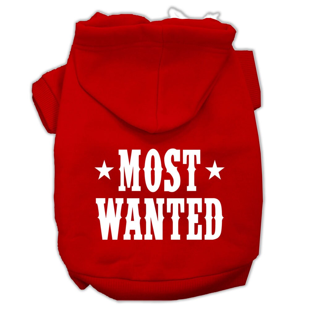 A stylish pet hoodie for dogs and cats, screen printed with 'Most Wanted', showcasing its soft fabric and durable design.
