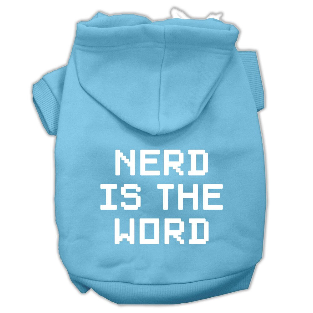 A cozy pet hoodie for dogs and cats, featuring the phrase 'Nerd Is The Word' in a stylish print, perfect for chilly days.