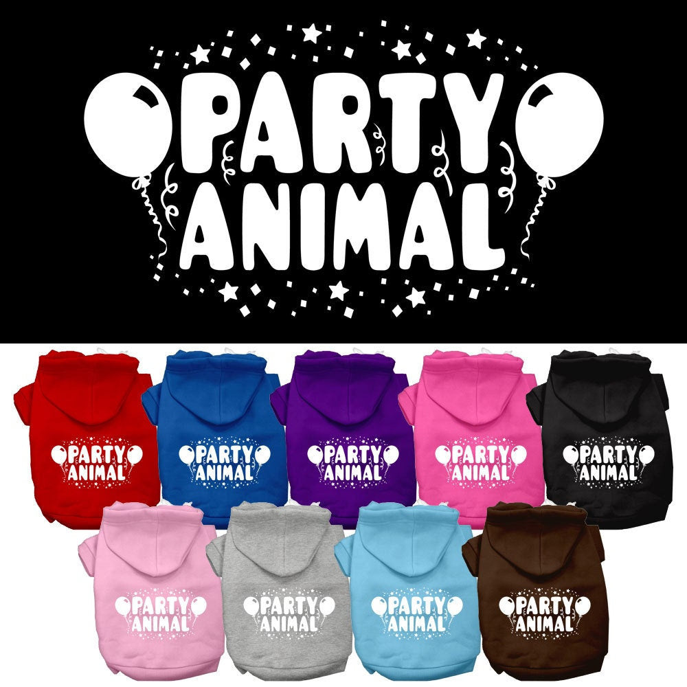 A cozy pet hoodie for dogs and cats, featuring a fun 'Party Animal' print, designed for comfort and durability.