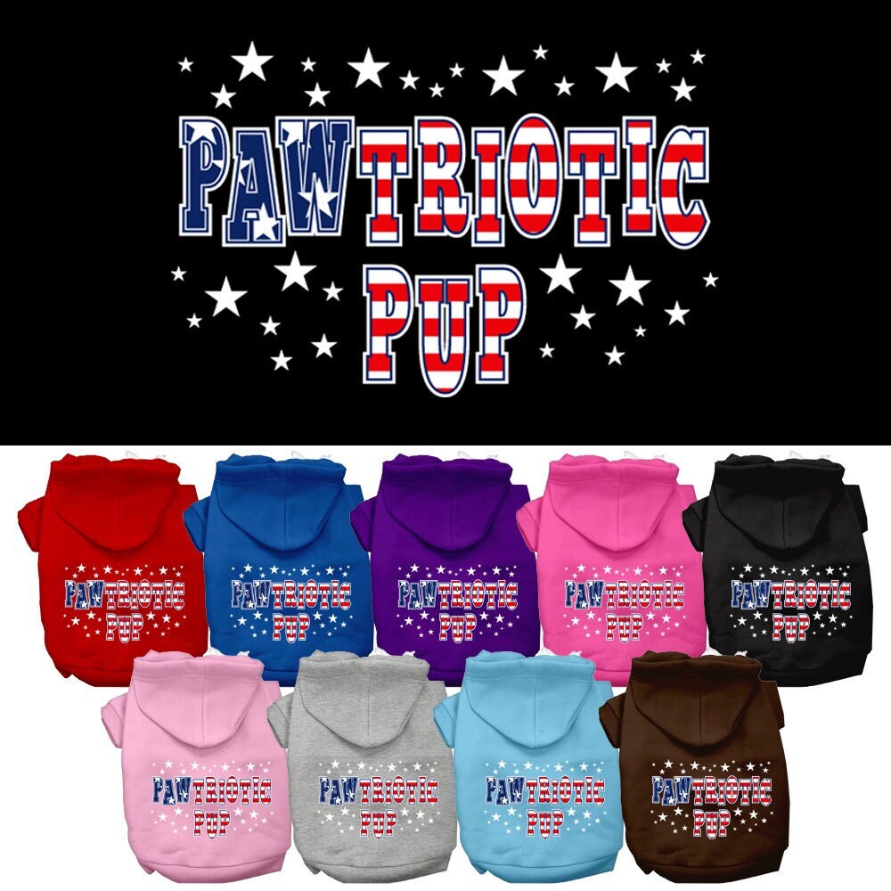 A soft and warm hoodie for dogs and cats, featuring a screen-printed design of 'Pawtriotic Pup' with a patriotic theme.