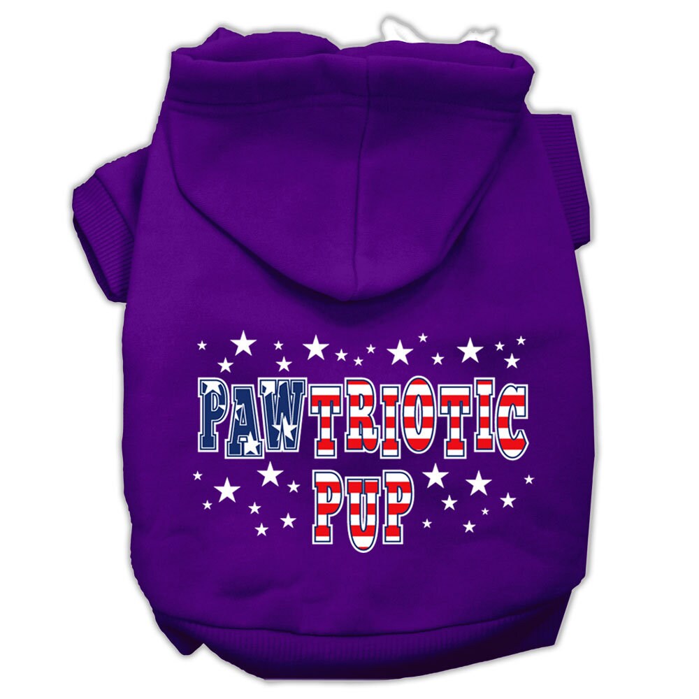 A soft and warm hoodie for dogs and cats, featuring a screen-printed design of 'Pawtriotic Pup' with a patriotic theme.