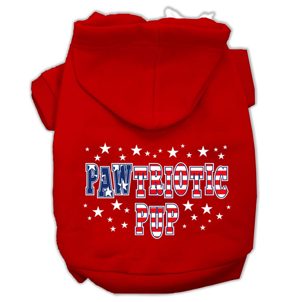 A soft and warm hoodie for dogs and cats, featuring a screen-printed design of 'Pawtriotic Pup' with a patriotic theme.