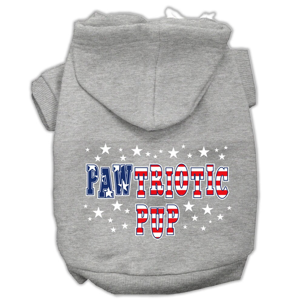 A soft and warm hoodie for dogs and cats, featuring a screen-printed design of 'Pawtriotic Pup' with a patriotic theme.
