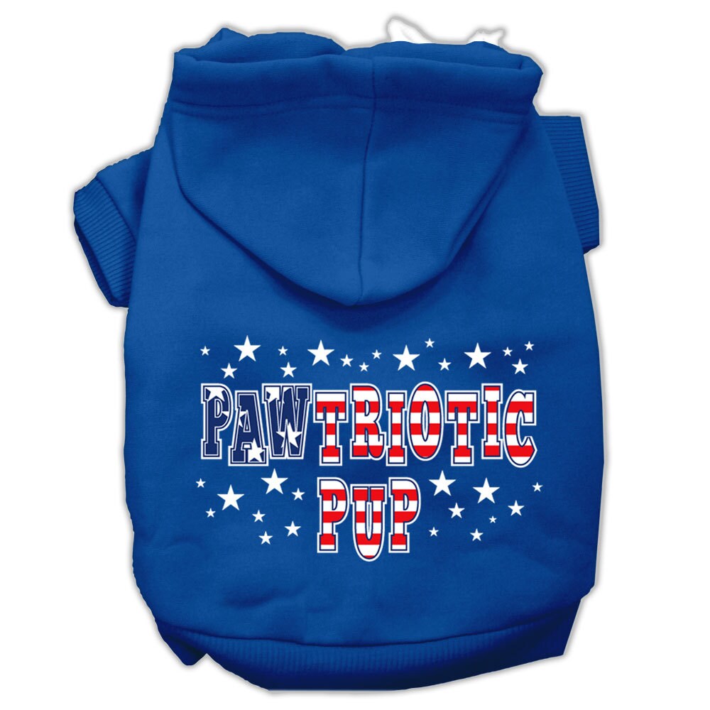A soft and warm hoodie for dogs and cats, featuring a screen-printed design of 'Pawtriotic Pup' with a patriotic theme.