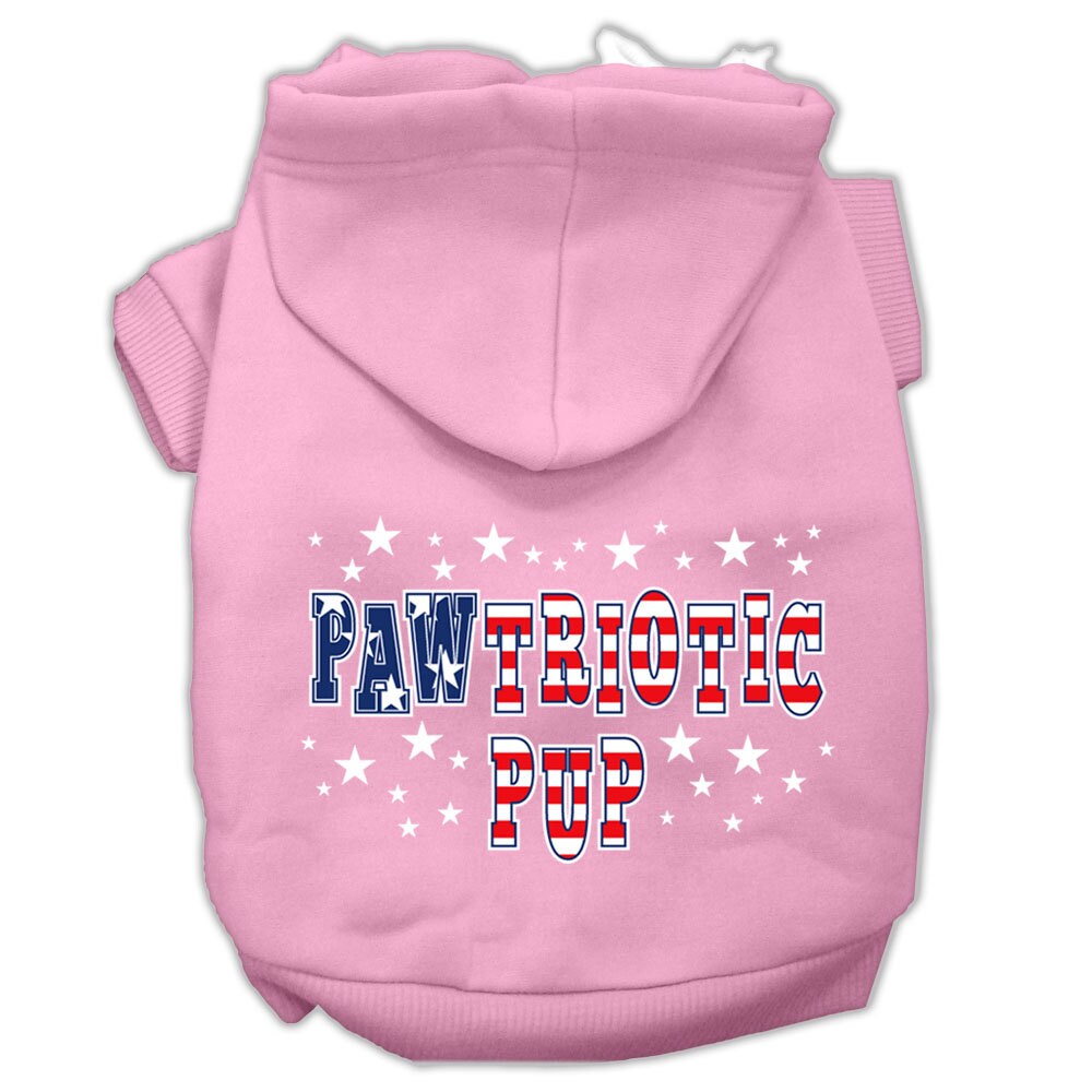 A soft and warm hoodie for dogs and cats, featuring a screen-printed design of 'Pawtriotic Pup' with a patriotic theme.