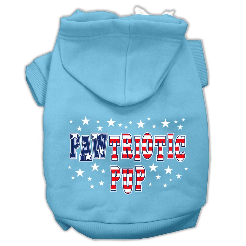 A soft and warm hoodie for dogs and cats, featuring a screen-printed design of 'Pawtriotic Pup' with a patriotic theme.