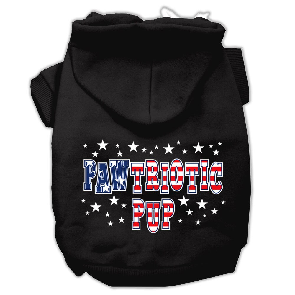 A soft and warm hoodie for dogs and cats, featuring a screen-printed design of 'Pawtriotic Pup' with a patriotic theme.