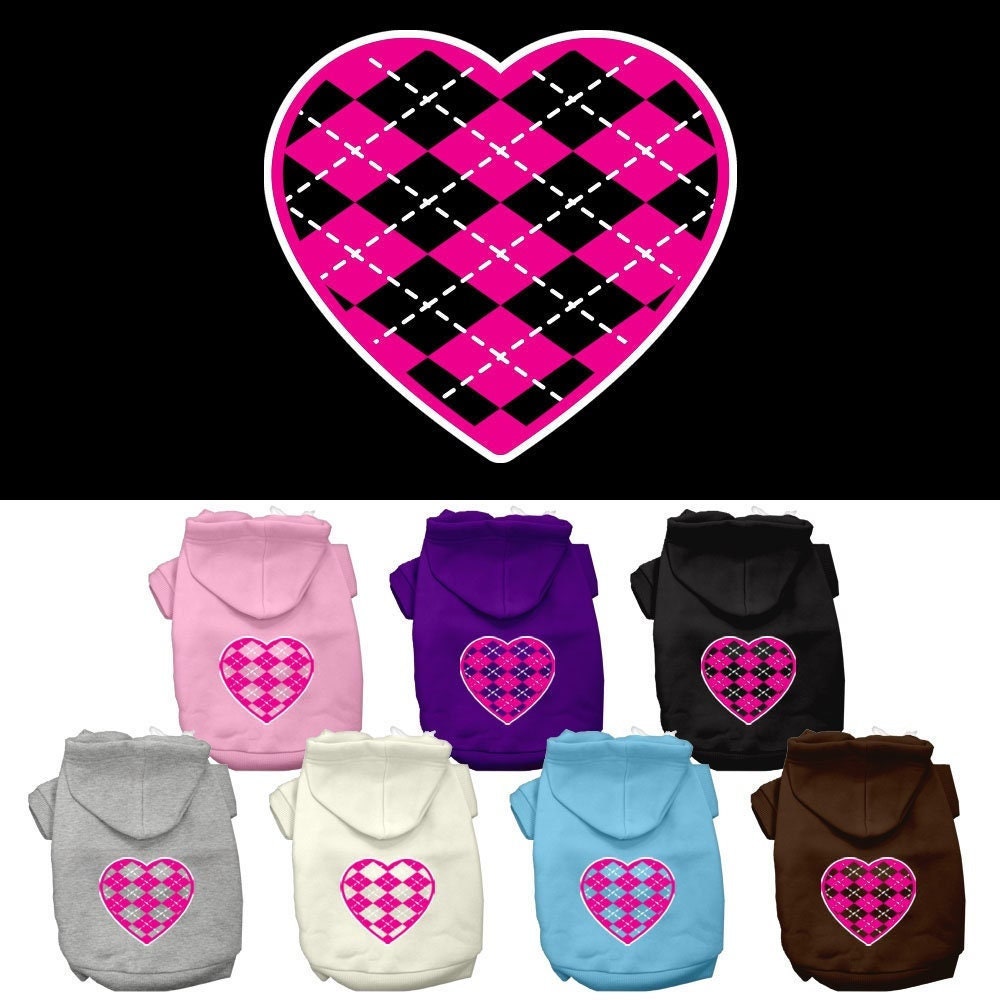 A soft and stylish pet hoodie featuring a pink argyle heart pattern, designed for dogs and cats.