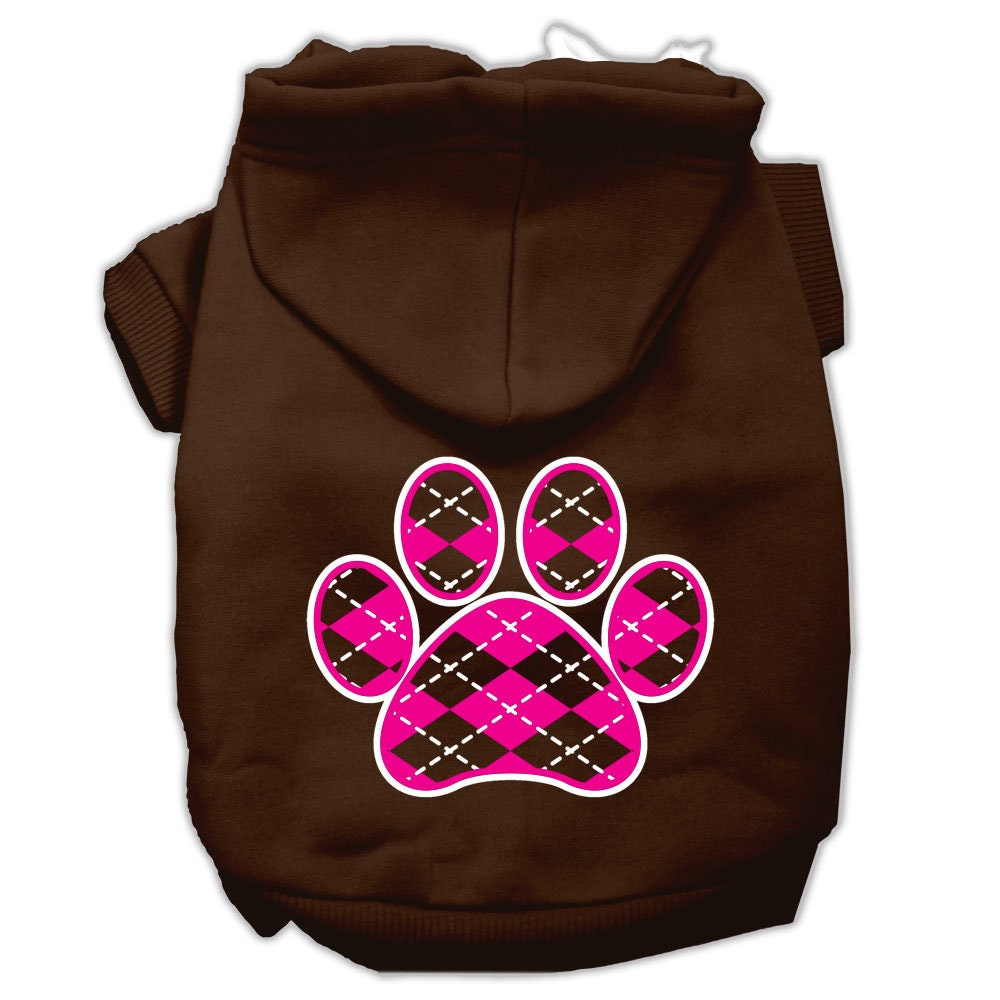 A soft and stylish pet hoodie in pink argyle pattern, designed for dogs and cats, featuring a convenient leash access hole.