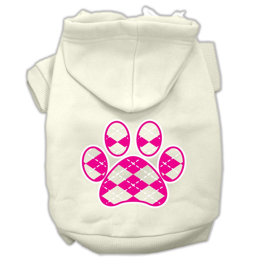 A soft and stylish pet hoodie in pink argyle pattern, designed for dogs and cats, featuring a convenient leash access hole.