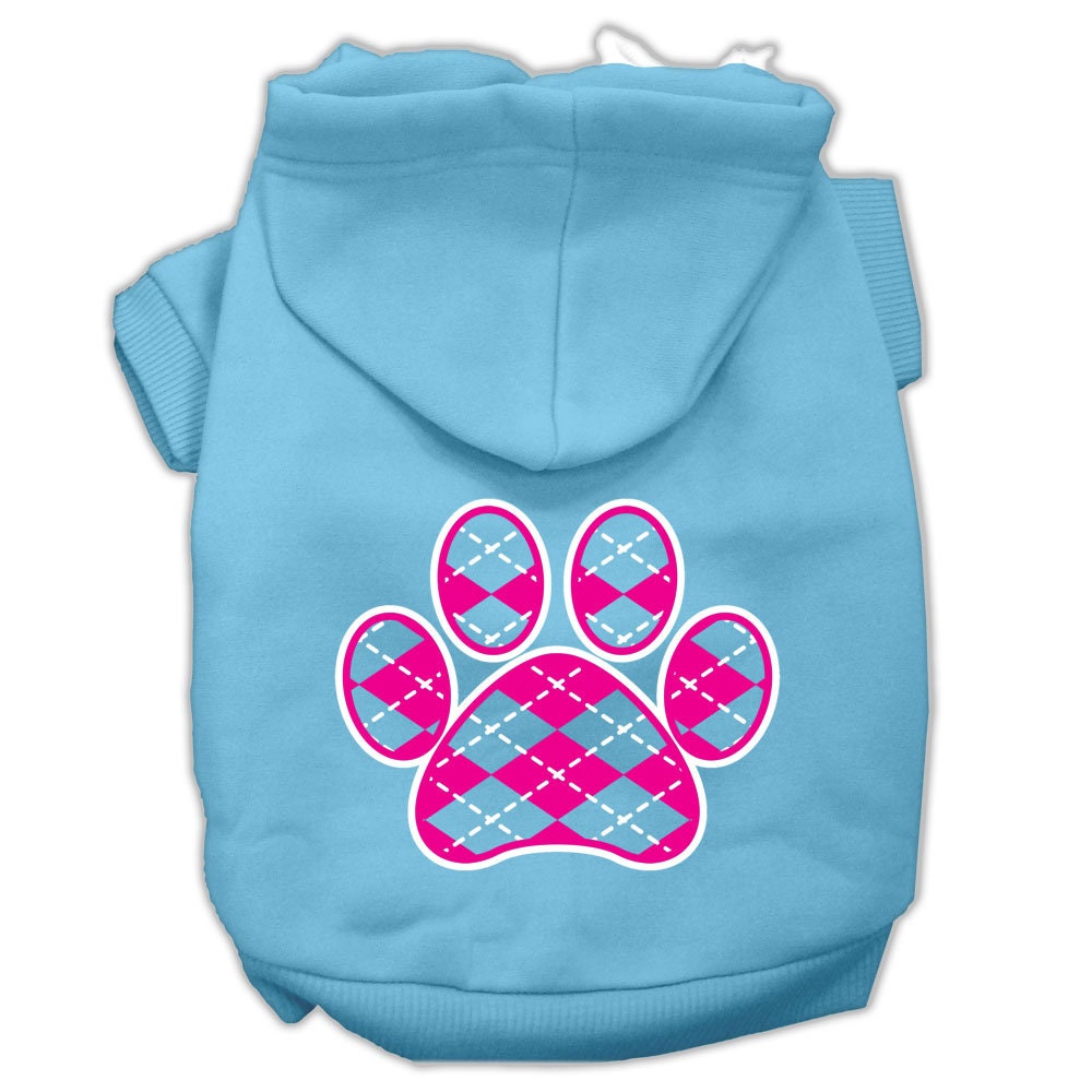 A soft and stylish pet hoodie in pink argyle pattern, designed for dogs and cats, featuring a convenient leash access hole.