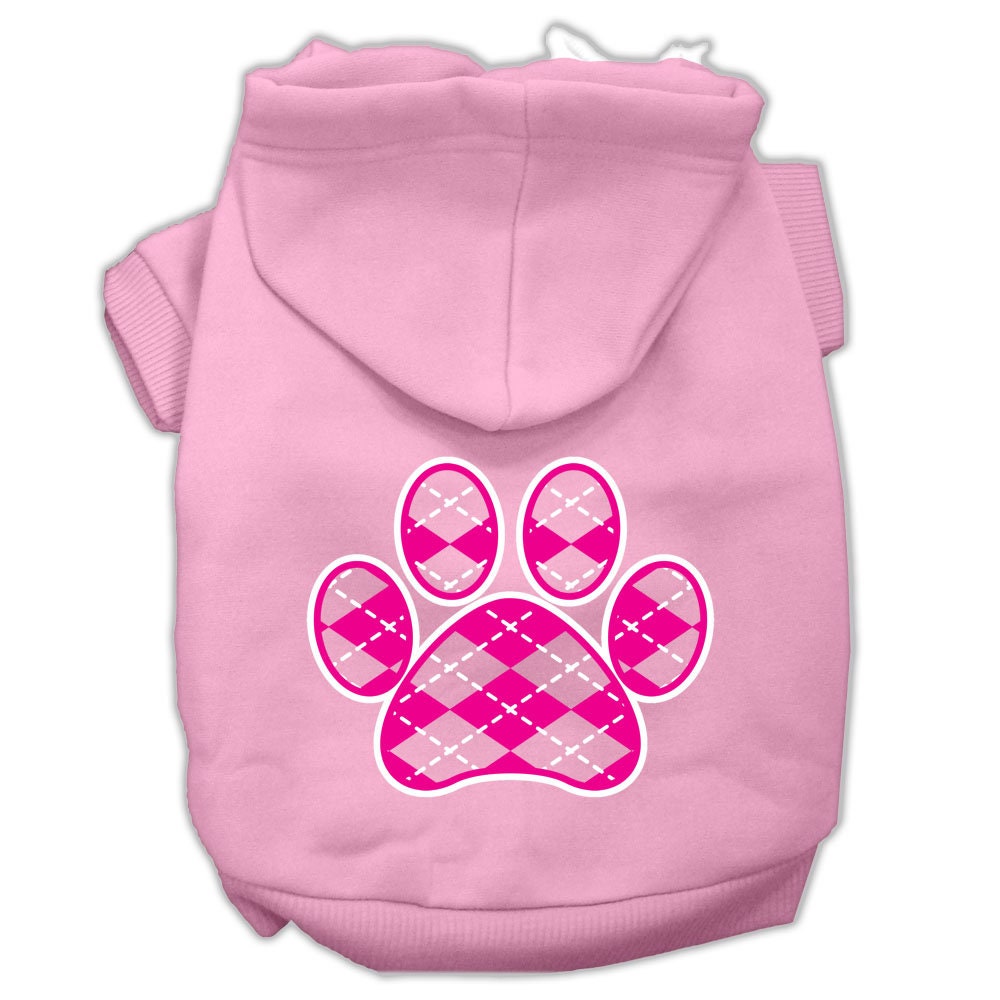 A soft and stylish pet hoodie in pink argyle pattern, designed for dogs and cats, featuring a convenient leash access hole.