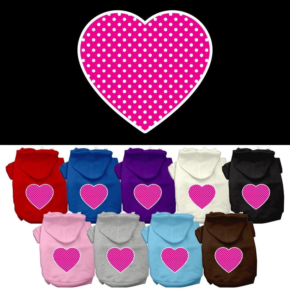 A soft and warm pet hoodie featuring a pink design with Swiss dots and a heart pattern, perfect for dogs and cats.