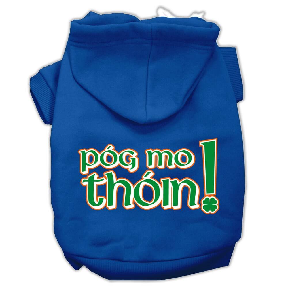 A cozy pet hoodie for dogs and cats featuring the phrase 'Pog Mo Thoin!' in a stylish print, designed for comfort and durability.