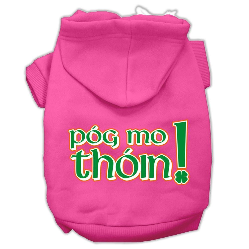 A cozy pet hoodie for dogs and cats featuring the phrase 'Pog Mo Thoin!' in a stylish print, designed for comfort and durability.