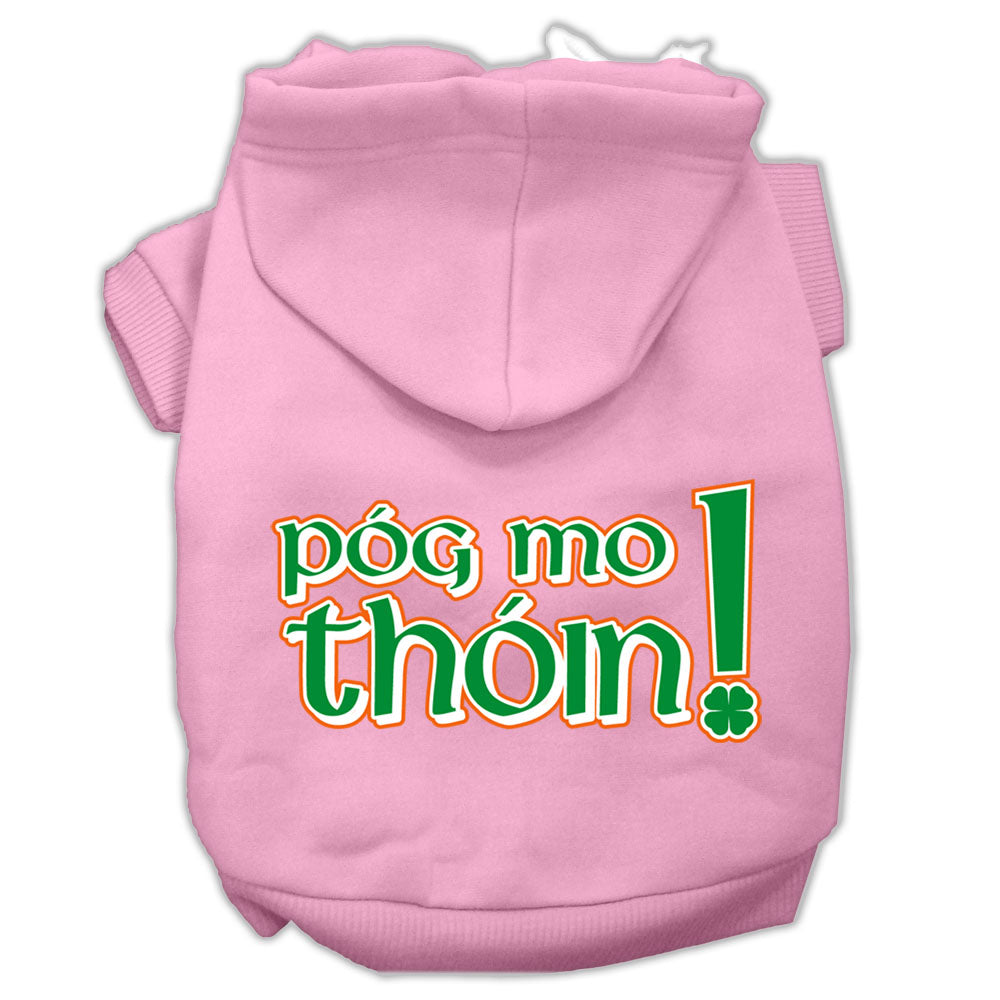 A cozy pet hoodie for dogs and cats featuring the phrase 'Pog Mo Thoin!' in a stylish print, designed for comfort and durability.