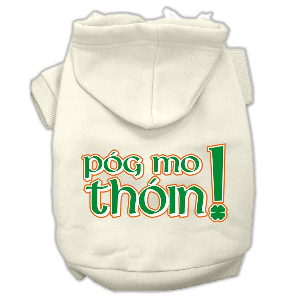 A cozy pet hoodie for dogs and cats featuring the phrase 'Pog Mo Thoin!' in a stylish print, designed for comfort and durability.