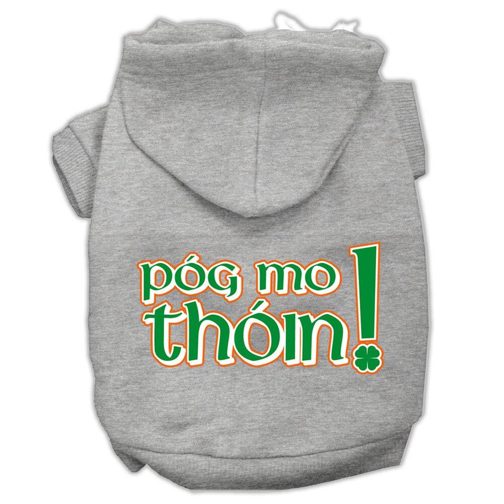 A cozy pet hoodie for dogs and cats featuring the phrase 'Pog Mo Thoin!' in a stylish print, designed for comfort and durability.