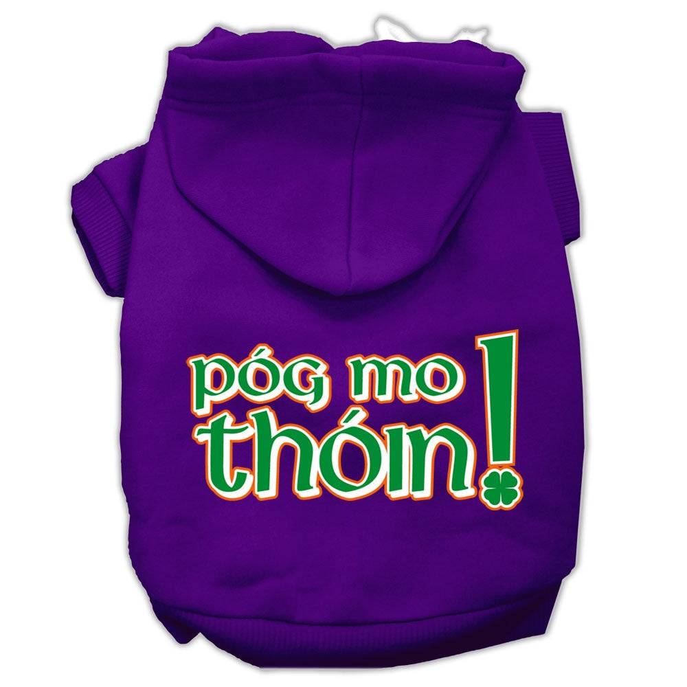 A cozy pet hoodie for dogs and cats featuring the phrase 'Pog Mo Thoin!' in a stylish print, designed for comfort and durability.