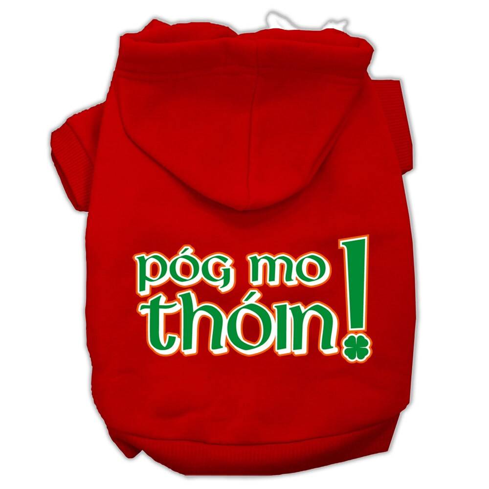A cozy pet hoodie for dogs and cats featuring the phrase 'Pog Mo Thoin!' in a stylish print, designed for comfort and durability.