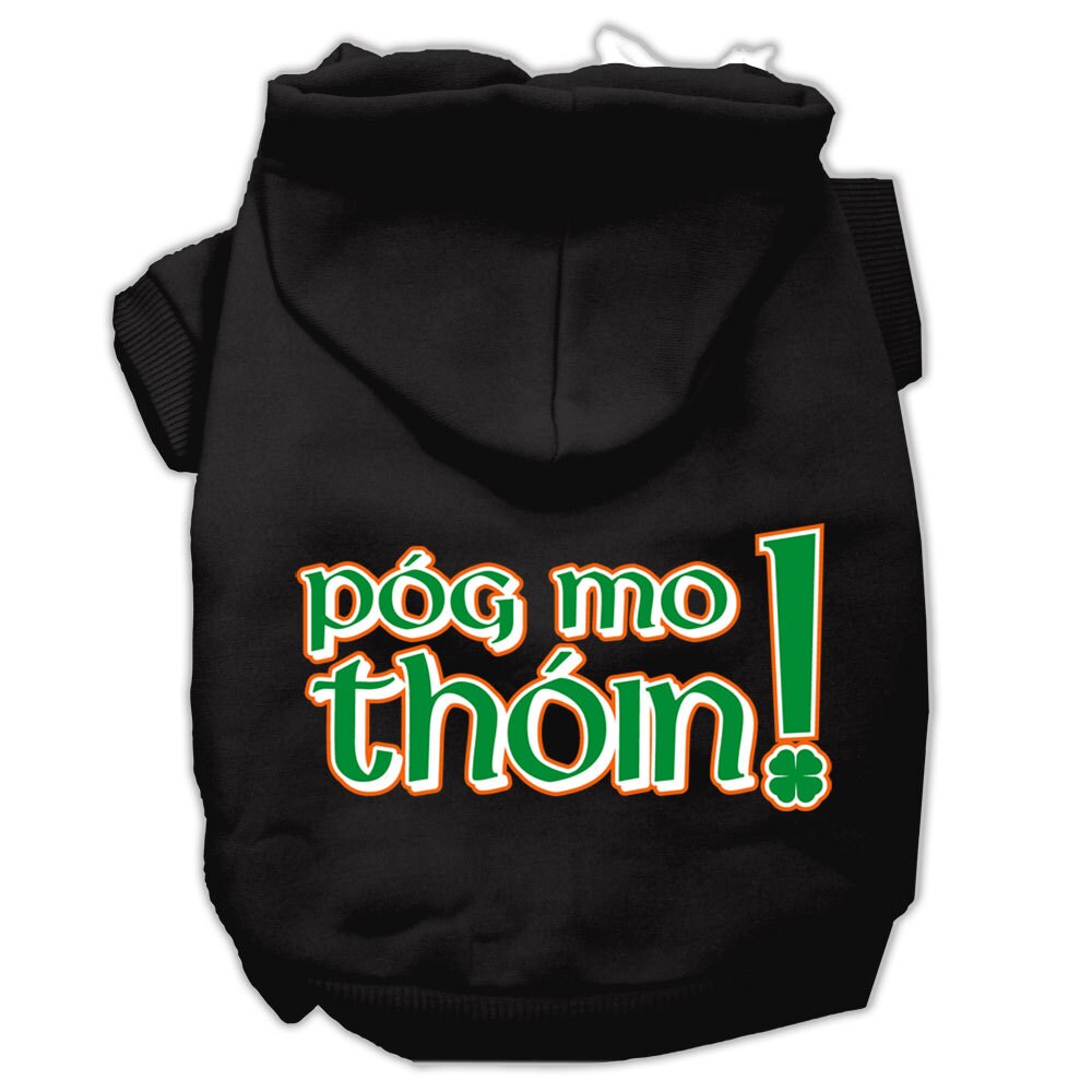 A cozy pet hoodie for dogs and cats featuring the phrase 'Pog Mo Thoin!' in a stylish print, designed for comfort and durability.